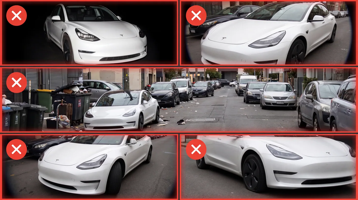 5 typische Fehler bei Auto-Fotos für willhaben und AutoScout24 – schlechtes Licht, falscher Winkel, chaotischer Hintergrund beim Autoverkauf in Österreich
