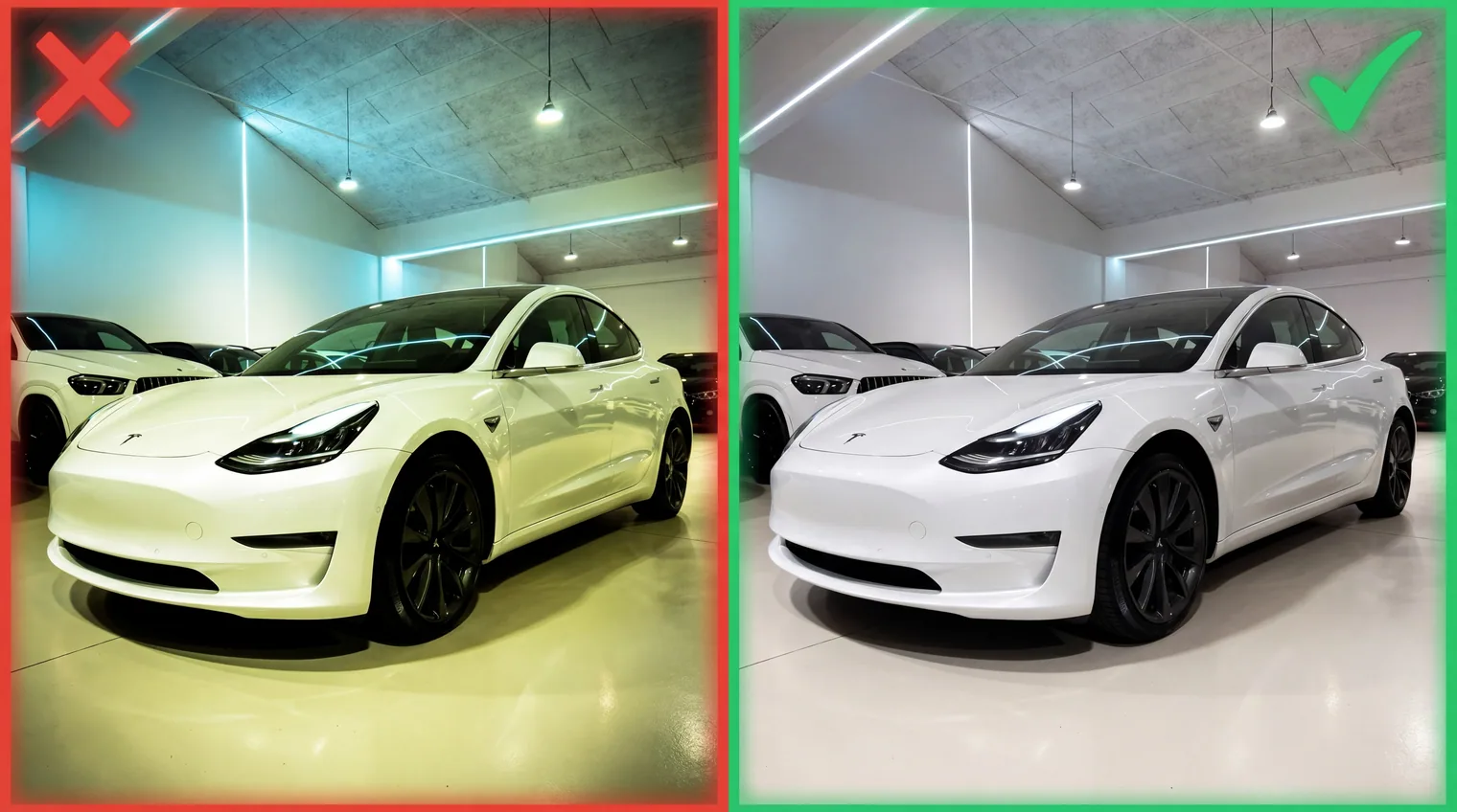 Vorher-Nachher Vergleich Auto-Foto: schlechte Farbkorrektur mit Grünstich links vs. natürliche Farbwiedergabe rechts