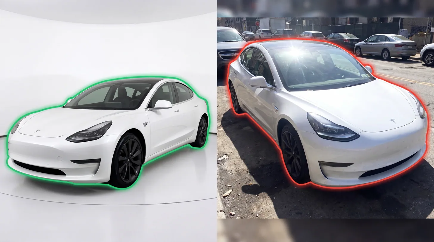 Vergleich gutes vs. schlechtes Auto-Inserat auf willhaben – links professionelles Foto vor weißem Hintergrund mit grüner Umrandung, rechts schlechtes Foto auf Parkplatz mit roter Umrandung