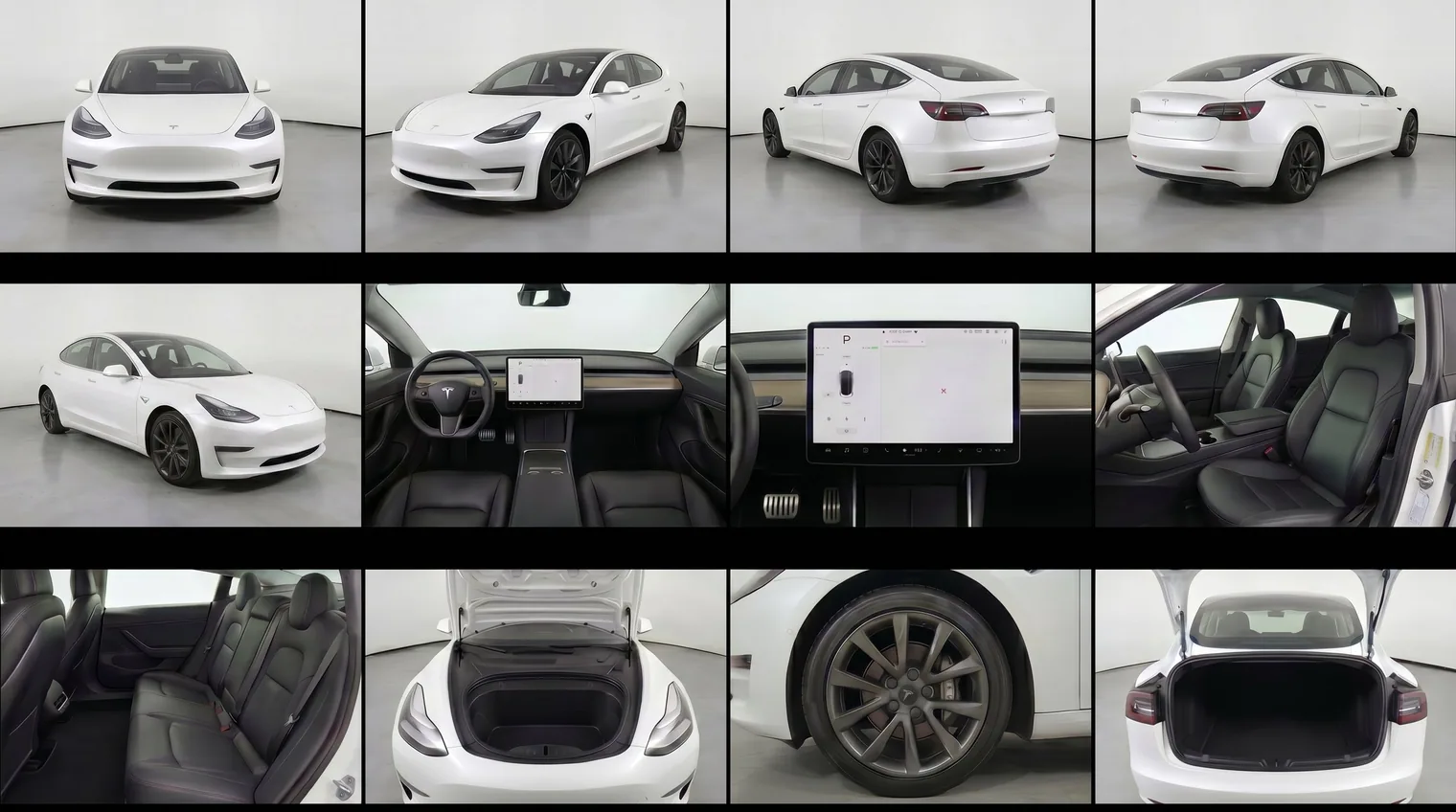 Pflicht-Aufnahmen beim Autoverkauf: Collage mit Außenansichten, Innenraum, Kofferraum und Felgen eines weißen Tesla Model 3 für willhaben und AutoScout24