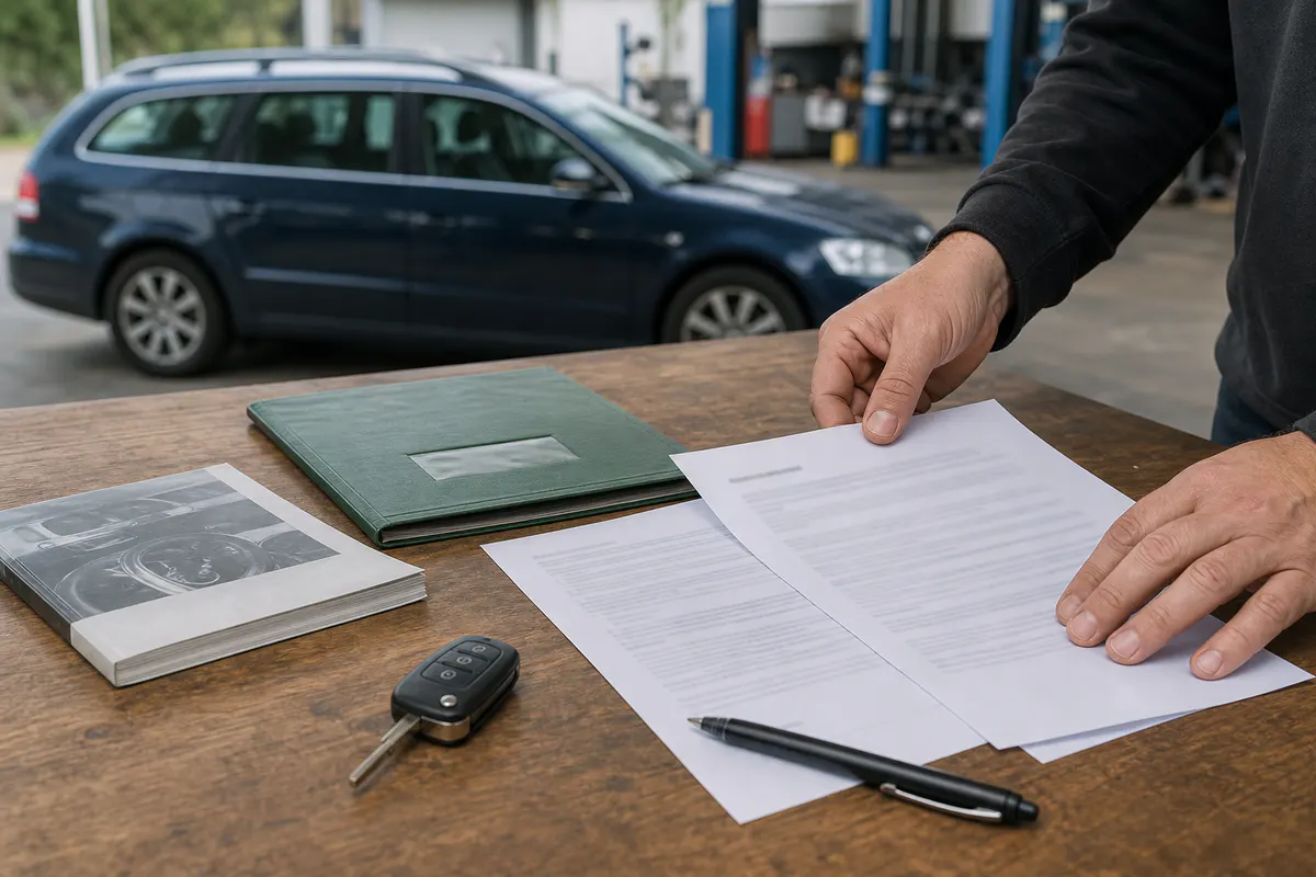 Fahrzeugpapiere, Autoschlüssel und Kaufvertrag liegen für den Autoverkauf bereit