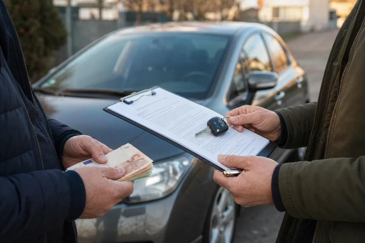 Fahrzeugübergabe mit Kaufvertrag, Autoschlüssel und Bargeld