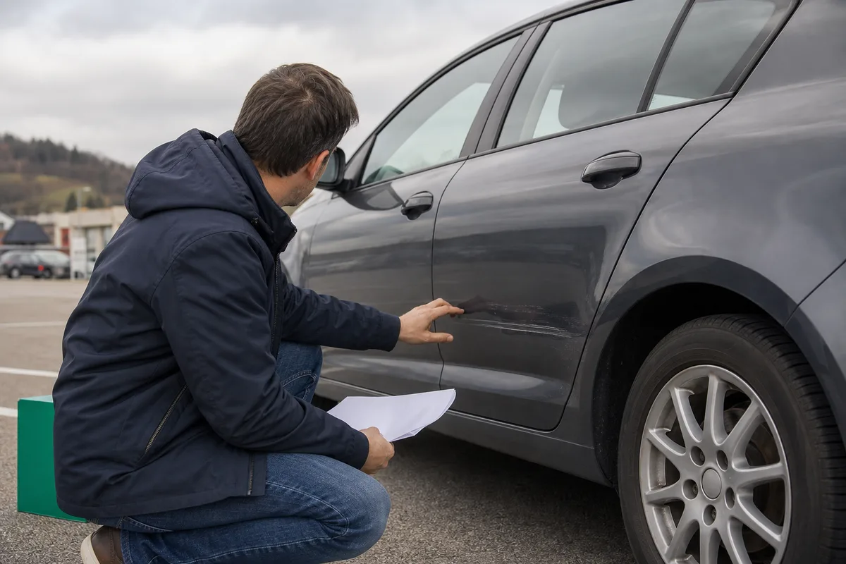 Autoverkäufer entdeckt einen Kratzer an seinem Gebrauchtwagen