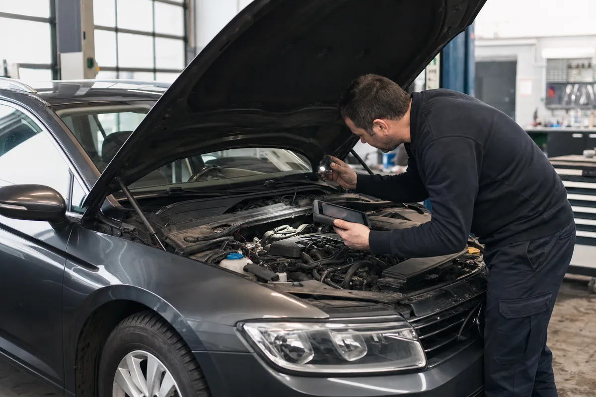 Mechaniker diagnostiziert einen Motorschaden in einer Werkstatt